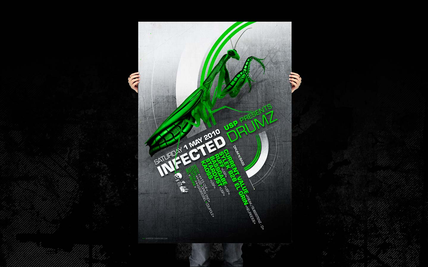 USP -Infected Drumz III - Laurent Lemoigne - Donanubis - Don Anubis - Graphic Design - Flyer - Underground Sound Promotion - Coupole - Bienne - Art - Music - Electronic - Party - Event - Flyer - Poster - Industrial - Dark - Insect - Infectious - Infected - Mechanic - Biomechanic - Biomechanik - Biomechanical - Biomechanoid - Alternative - Underground - Geneva - Switzerland - Drum and Bass - d'n'b - Hard Drum - Current Value / Freak / Subsistenz - Sylek b2b El Grin / Neurocide - Ruff - Bassgabe - Kaoss - Stardust