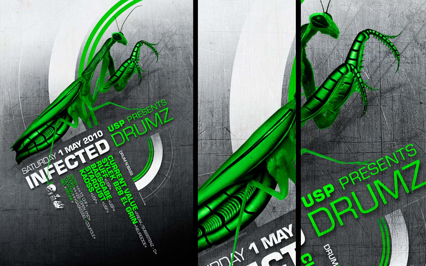 USP -Infected Drumz III - Laurent Lemoigne - Donanubis - Don Anubis - Graphic Design - Flyer - Underground Sound Promotion - Coupole - Bienne - Art - Music - Electronic - Party - Event - Flyer - Poster - Industrial - Dark - Insect - Infectious - Infected - Mechanic - Biomechanic - Biomechanik - Biomechanical - Biomechanoid - Alternative - Underground - Geneva - Switzerland - Drum and Bass - d'n'b - Hard Drum - Current Value / Freak / Subsistenz - Sylek b2b El Grin / Neurocide - Ruff - Bassgabe - Kaoss - Stardust