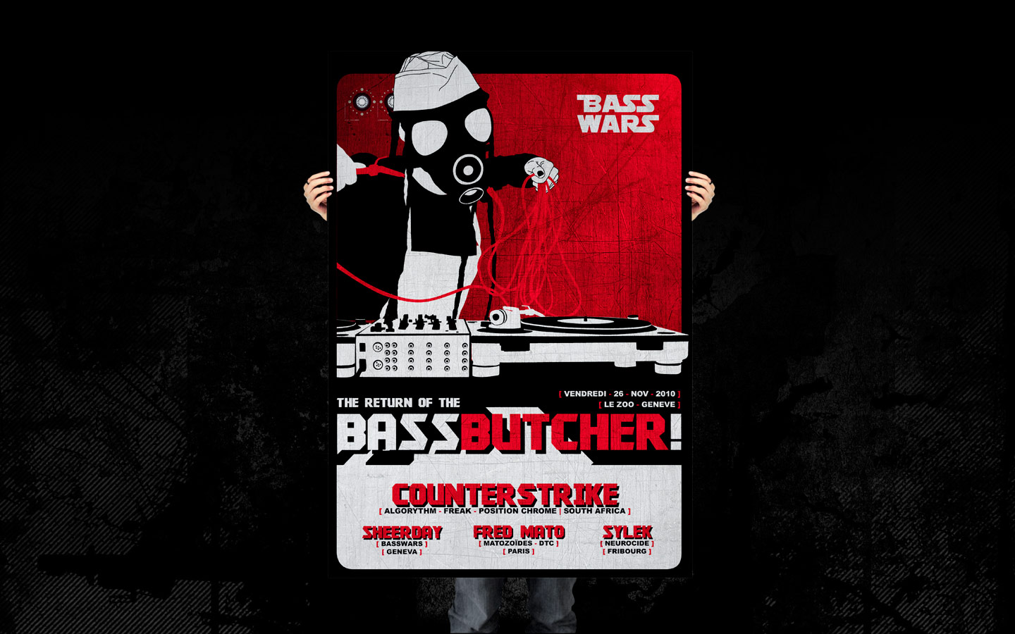 Basswars - The Return of The Bass Butcher ! - Laurent Lemoigne - Donanubis - Don Anubis - Graphic Design - Flyer - Bass Wars - Usine - Le Zoo - Geneva - Art - Music - Electronic - Party - Event - Flyer - Poster - Industrial - Factory - Dark - Gas Mask - Gasmask - Gazmask - Butcher - Turntable - Mk2 - MKII - Fetish - Alternative - Underground - Drum and Bass - d'n'b - Hard Drum - Counterstrike / Algorythm / Freak / Position Chrome - Sheerday / Basswars - Fred Mato / Matozoides / DTC - Sylex / Neurocide - Metal - Hard - Rock - Death - Band - Illustration
