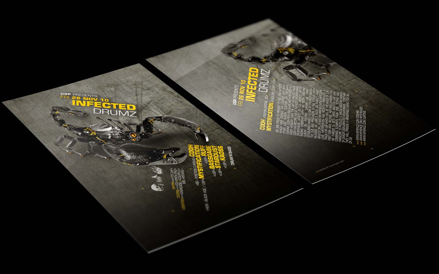 USP -Infected Drumz IV - Laurent Lemoigne - Donanubis - Don Anubis - Graphic Design - Flyer - Underground Sound Promotion - Coupole - Bienne - Art - Music - Electronic - Party - Event - Flyer - Poster - Industrial - Dark - Insect - Infectious - Infected - Mechanic - Biomechanic - Biomechanik - Biomechanical - Biomechanoid - Giger - Alternative - Underground - Geneva - Switzerland - Drum and Bass - d'n'b - Hard Drum - Cooh / Position Chrome - Mystification / Black Hoe - Ruff - Bassgabe - Kaoss - Stardust - Metal - Hard - Rock - Death - Band - Illustration