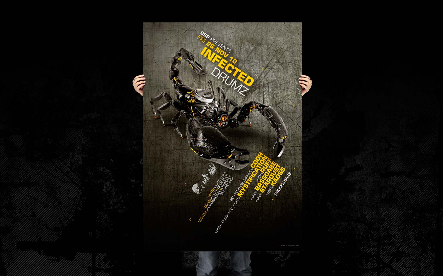 USP -Infected Drumz IV - Laurent Lemoigne - Donanubis - Don Anubis - Graphic Design - Flyer - Underground Sound Promotion - Coupole - Bienne - Art - Music - Electronic - Party - Event - Flyer - Poster - Industrial - Dark - Insect - Infectious - Infected - Mechanic - Biomechanic - Biomechanik - Biomechanical - Biomechanoid - Giger - Alternative - Underground - Geneva - Switzerland - Drum and Bass - d'n'b - Hard Drum - Cooh / Position Chrome - Mystification / Black Hoe - Ruff - Bassgabe - Kaoss - Stardust - Metal - Hard - Rock - Death - Band - Illustration
