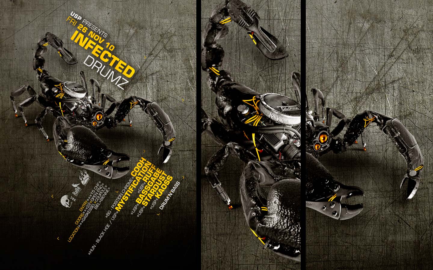 USP -Infected Drumz IV - Laurent Lemoigne - Donanubis - Don Anubis - Graphic Design - Flyer - Underground Sound Promotion - Coupole - Bienne - Art - Music - Electronic - Party - Event - Flyer - Poster - Industrial - Dark - Insect - Infectious - Infected - Mechanic - Biomechanic - Biomechanik - Biomechanical - Biomechanoid - Giger - Alternative - Underground - Geneva - Switzerland - Drum and Bass - d'n'b - Hard Drum - Cooh / Position Chrome - Mystification / Black Hoe - Ruff - Bassgabe - Kaoss - Stardust - Metal - Hard - Rock - Death - Band - Illustration