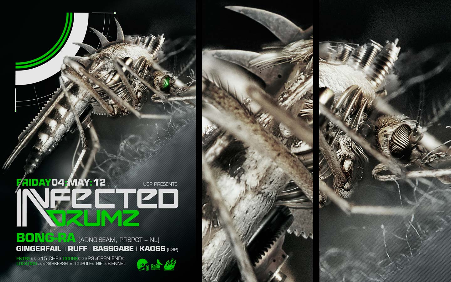 USP -Infected Drumz VII - Laurent Lemoigne - Donanubis - Don Anubis - Graphic Design - Flyer - Underground Sound Promotion - Coupole - Bienne - Art - Music - Electronic - Party - Event - Flyer - Poster - Industrial - Dark - Insect - Infectious - Infected - Mechanic - Biomechanic - Biomechanik - Biomechanical - Biomechanoid - Giger - Alternative - Underground - Geneva - Switzerland - Drum and Bass - d'n'b - Hard Drum - Bong-Ra / Adnoiseam / Prspct - Gingerfail - Ruff - Bassgabe - Kaoss - Metal - Hard - Rock - Death - Band - Illustration