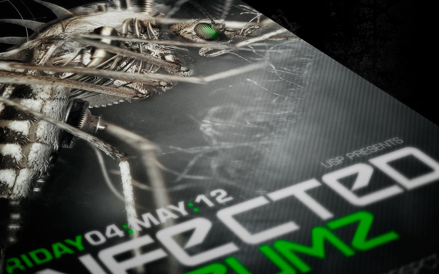 USP -Infected Drumz VII - Laurent Lemoigne - Donanubis - Don Anubis - Graphic Design - Flyer - Underground Sound Promotion - Coupole - Bienne - Art - Music - Electronic - Party - Event - Flyer - Poster - Industrial - Dark - Insect - Infectious - Infected - Mechanic - Biomechanic - Biomechanik - Biomechanical - Biomechanoid - Giger - Alternative - Underground - Geneva - Switzerland - Drum and Bass - d'n'b - Hard Drum - Bong-Ra / Adnoiseam / Prspct - Gingerfail - Ruff - Bassgabe - Kaoss - Metal - Hard - Rock - Death - Band - Illustration