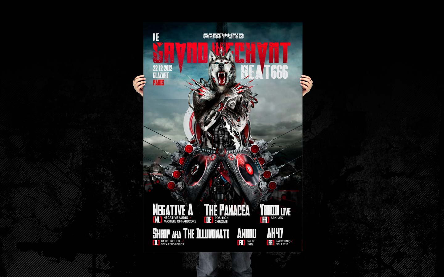 Le Grand Mechant Beat #6 - Laurent Lemoigne - Donanubis - Don Anubis - Graphic Design - Flyer - Party Uniq - Glazart - Paris - Art - Music - Electronic - Party - Event - Flyer - Poster - Biomechanic - Biomechanik - Biomechanical - Biomechanoid - Man - Machine - Factory - Giger - Industrial - Dark - Wareworf - Alternative - Underground - Geneva - Switzerland - Drum and Bass - d'n'b - Hard Drum - Hardcore - Crossbreed - Negative A / Negative Audio / Masters of Hardcore - The Panacea / Position Chrome - Ybrid Live / Ark-Aïk / Skrip aka The Illuminati / Dark Like Hell / Styx Recordings - Ankou / Party Uniq - AK47 / Party Uniq / Epileptik