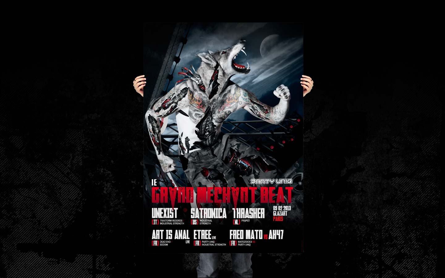Le Grand Mechant Beat #7 - Laurent Lemoigne - Donanubis - Don Anubis - Graphic Design - Flyer - Party Uniq - Glazart - Paris - Art - Music - Electronic - Party - Event - Flyer - Poster - Biomechanic - Biomechanik - Biomechanical - Biomechanoid - Man - Machine - Factory - Giger - Industrial - Dark - Wareworf - Alternative - Underground - Geneva - Switzerland - Drum and Bass - d'n'b - Hard Drum - Hardcore - Crossbreed - Unexist / Traxtorm Records / Industrial Strenght - Satronica / Industrial Strenght - Trasher / Prspct - Art Is Anal / Deadend / Sodom - Etree Live / Party Uniq / Industrial Strenght - Fred Mato vs Ak47 / Matozoides vs Party Uniq