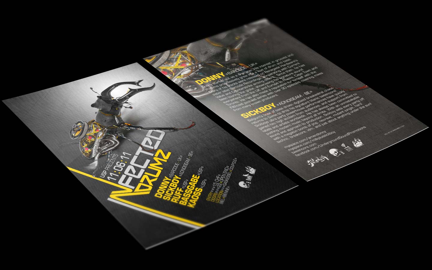 USP -Infected Drumz V - Laurent Lemoigne - Donanubis - Don Anubis - Graphic Design - Flyer - Underground Sound Promotion - Coupole - Bienne - Art - Music - Electronic - Party - Event - Flyer - Poster - Industrial - Dark - Insect - Infectious - Infected - Mechanic - Biomechanic - Biomechanik - Biomechanical - Biomechanoid - - Giger - Alternative - Underground - Geneva - Switzerland - Drum and Bass - d'n'b - Hard Drum - Donny / BArcode - Sickboy / Adnoiseeam - Ruff - Bassgabe - Kaoss - Metal - Hard - Rock - Death - Band - Illustration
