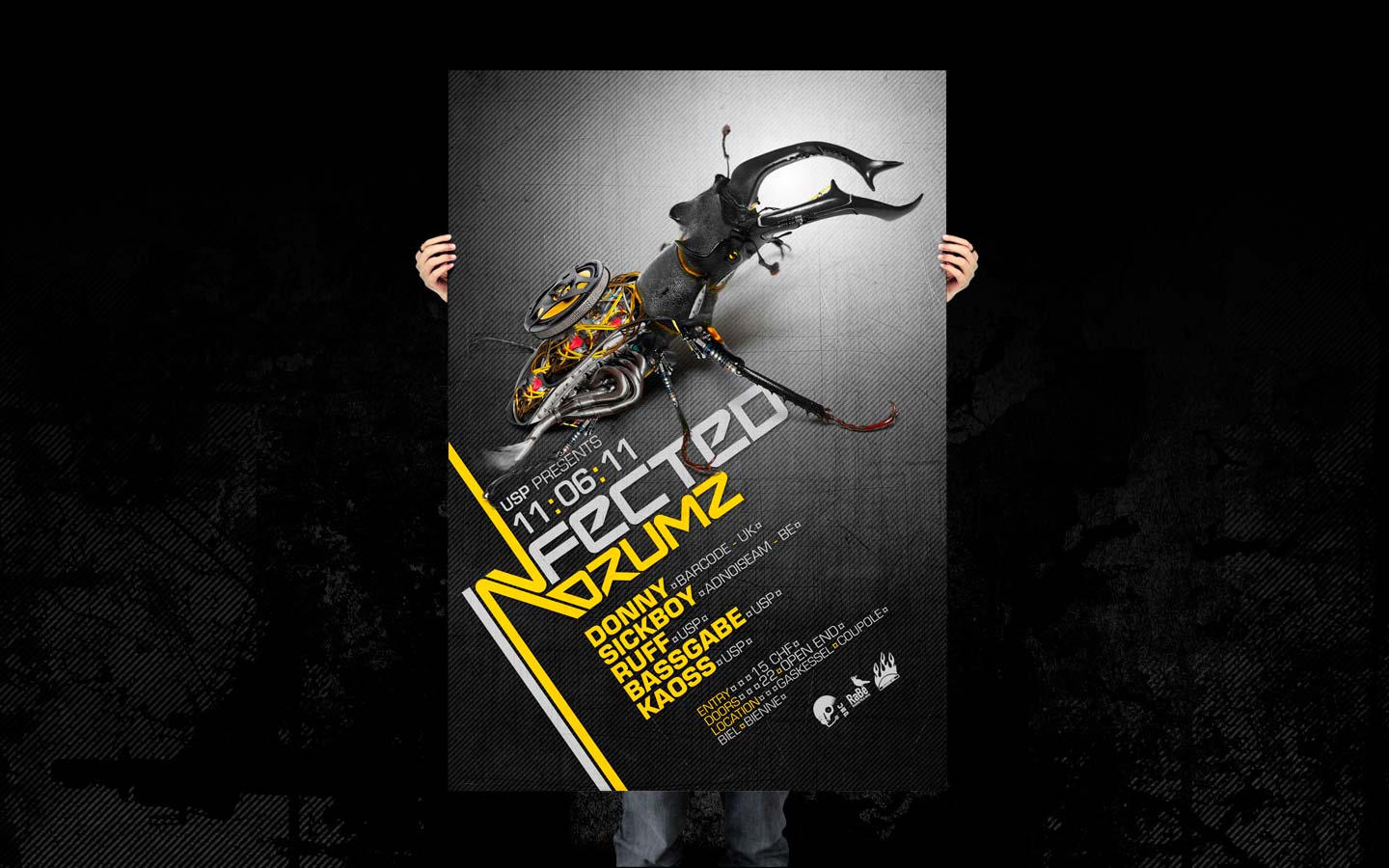 USP -Infected Drumz V - Laurent Lemoigne - Donanubis - Don Anubis - Graphic Design - Flyer - Underground Sound Promotion - Coupole - Bienne - Art - Music - Electronic - Party - Event - Flyer - Poster - Industrial - Dark - Insect - Infectious - Infected - Mechanic - Biomechanic - Biomechanik - Biomechanical - Biomechanoid - - Giger - Alternative - Underground - Geneva - Switzerland - Drum and Bass - d'n'b - Hard Drum - Donny / BArcode - Sickboy / Adnoiseeam - Ruff - Bassgabe - Kaoss - Metal - Hard - Rock - Death - Band - Illustration