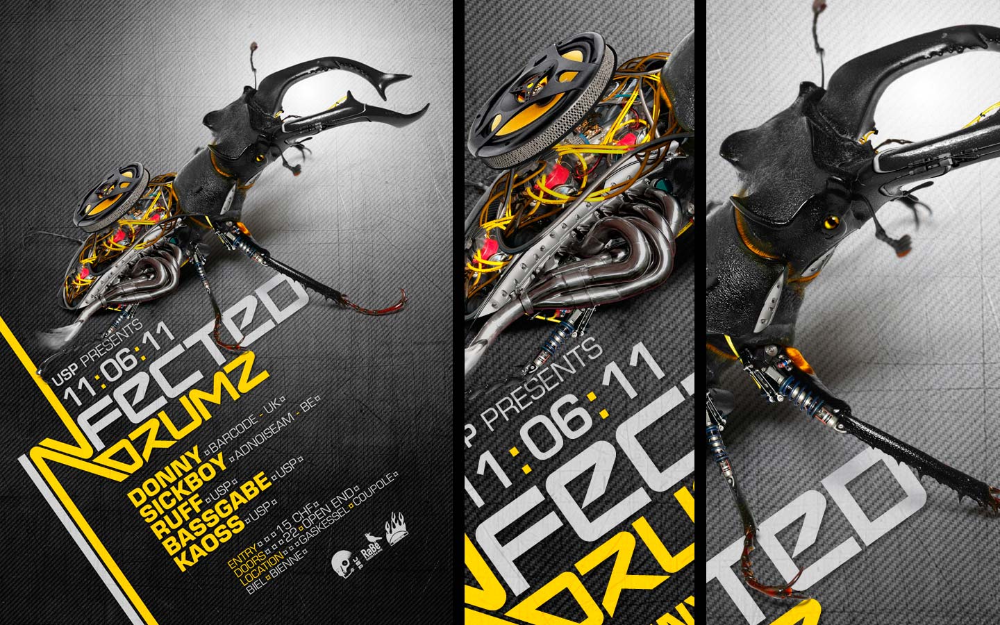 USP -Infected Drumz V - Laurent Lemoigne - Donanubis - Don Anubis - Graphic Design - Flyer - Underground Sound Promotion - Coupole - Bienne - Art - Music - Electronic - Party - Event - Flyer - Poster - Industrial - Dark - Insect - Infectious - Infected - Mechanic - Biomechanic - Biomechanik - Biomechanical - Biomechanoid - - Giger - Alternative - Underground - Geneva - Switzerland - Drum and Bass - d'n'b - Hard Drum - Donny / BArcode - Sickboy / Adnoiseeam - Ruff - Bassgabe - Kaoss - Metal - Hard - Rock - Death - Band - Illustration