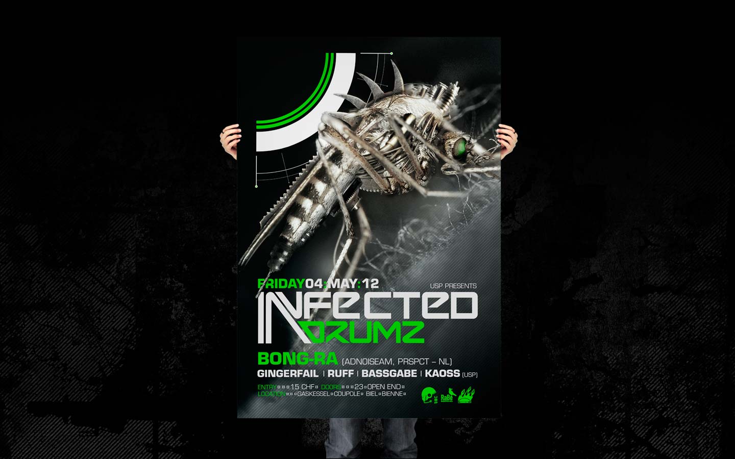 USP -Infected Drumz VII Poster - Laurent Lemoigne - Donanubis - Don Anubis - Graphic Design - Flyer - Underground Sound Promotion - Coupole - Bienne - Art - Music - Electronic - Party - Event - Flyer - Poster - Industrial - Dark - Insect - Infectious - Infected - Mechanic - Biomechanic - Biomechanik - Biomechanical - Biomechanoid - Giger - Alternative - Underground - Geneva - Switzerland - Drum and Bass - d'n'b - Hard Drum - Bong-Ra / Adnoiseam / Prspct - Gingerfail - Ruff - Bassgabe - Kaoss - Metal - Hard - Rock - Death - Band - Illustration