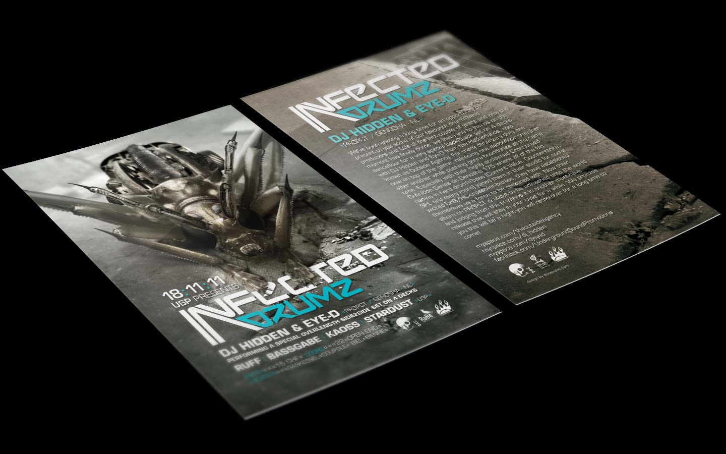 USP - Infected Drumz VI - Laurent Lemoigne - Donanubis - Don Anubis - Graphic Design - Flyer - Underground Sound Promotion - Coupole - Bienne - Art - Music - Electronic - Party - Event - Flyer - Poster - Industrial - Dark - Insect - Infectious - Infected - Mechanic - Biomechanic - Biomechanik - Biomechanical - Biomechanoid - Giger - Alternative - Underground - Geneva - Switzerland - Drum and Bass - d'n'b - Hard Drum - Dj Hidden & Eye-d / Prspct / Genosha - Ruff - Bassgabe - Kaoss - Stardust - Metal - Hard - Rock - Death - Band - Illustration