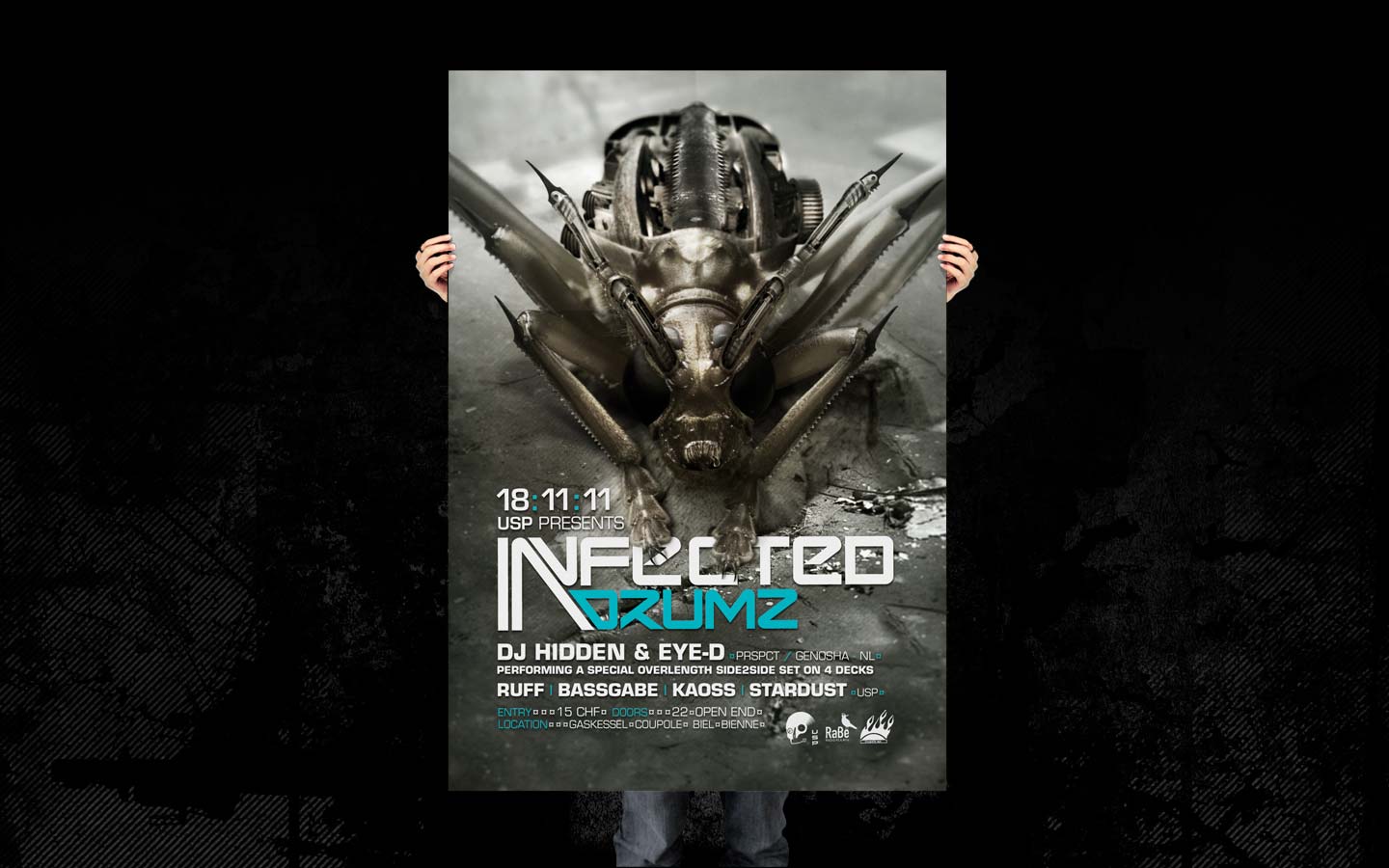 USP - Infected Drumz VI - Laurent Lemoigne - Donanubis - Don Anubis - Graphic Design - Flyer - Underground Sound Promotion - Coupole - Bienne - Art - Music - Electronic - Party - Event - Flyer - Poster - Industrial - Dark - Insect - Infectious - Infected - Mechanic - Biomechanic - Biomechanik - Biomechanical - Biomechanoid - Giger - Alternative - Underground - Geneva - Switzerland - Drum and Bass - d'n'b - Hard Drum - Dj Hidden & Eye-d / Prspct / Genosha - Ruff - Bassgabe - Kaoss - Stardust - Metal - Hard - Rock - Death - Band - Illustration