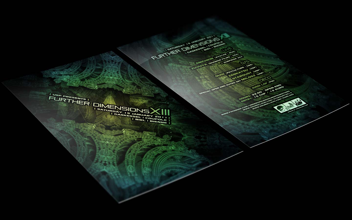 USP - Further Dimensions XIII - Laurent Lemoigne - Donanubis - Don Anubis - Graphic Design - Underground Sound Promotion - Coupole - Bienne - Art - Music - Electronic - Party - Event - Flyer - Poster Alternative - Underground - Geneva - Switzerland - Dark Psytrance - Darkpsy - Trance - Fractal - 3d - Psychedelic - LSD - Hoffman - Enichkin / Avatar - Zuvuya / Shaman Films - Quidi / Psycultire - Milosz - Stardust - Zenkatsu