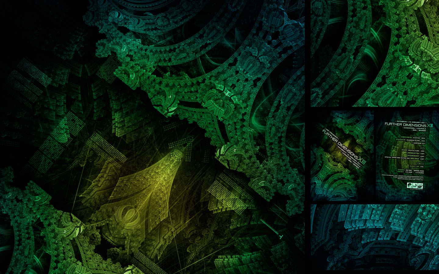 USP - Further Dimensions XIII - Laurent Lemoigne - Donanubis - Don Anubis - Graphic Design - Underground Sound Promotion - Coupole - Bienne - Art - Music - Electronic - Party - Event - Flyer - Poster Alternative - Underground - Geneva - Switzerland - Dark Psytrance - Darkpsy - Trance - Fractal - 3d - Psychedelic - LSD - Hoffman - Enichkin / Avatar - Zuvuya / Shaman Films - Quidi / Psycultire - Milosz - Stardust - Zenkatsu