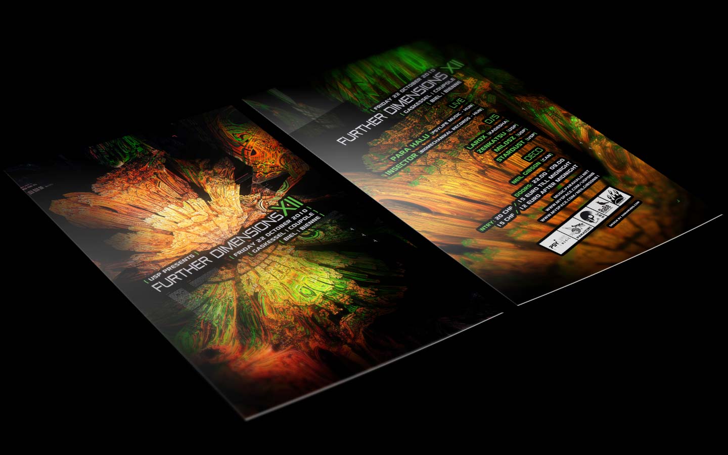 USP - Further Dimensions XII - Laurent Lemoigne - Donanubis - Don Anubis - Graphic Design - Underground Sound Promotion - Coupole - Bienne - Art - Music - Electronic - Party - Event - Flyer - Poster Alternative - Underground - Geneva - Switzerland - Dark Psytrance - Darkpsy - Trance - Fractal - 3d - Psychedelic - LSD - Hoffman - Para Halu / Psylife Music - Insector / Biomechanikal Records - Larox - Milosz - Stardust - Zenkatsu