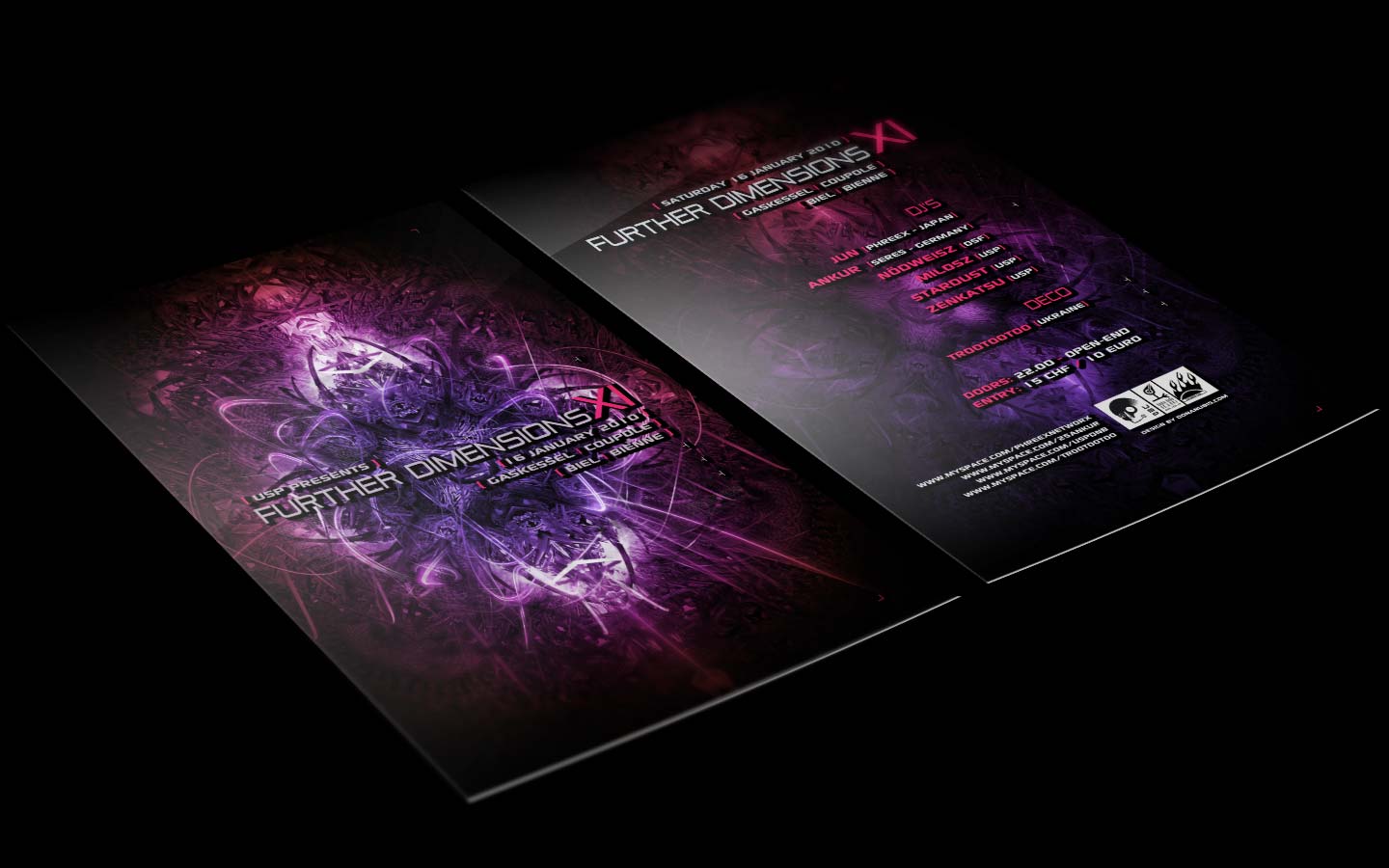 USP - Further Dimensions XI - Laurent Lemoigne - Donanubis - Don Anubis - Graphic Design - Underground Sound Promotion - Coupole - Bienne - Art - Music - Electronic - Party - Event - Flyer - Poster Alternative - Underground - Geneva - Switzerland - Dark Psytrance - Darkpsy - Trance - Fractal - 3d - Psychedelic - LSD - Hoffman - Jun / Phreex - Ankur / Seres Music - Nodweisz / OSF - Milosz - Stardust - Zenkatsu