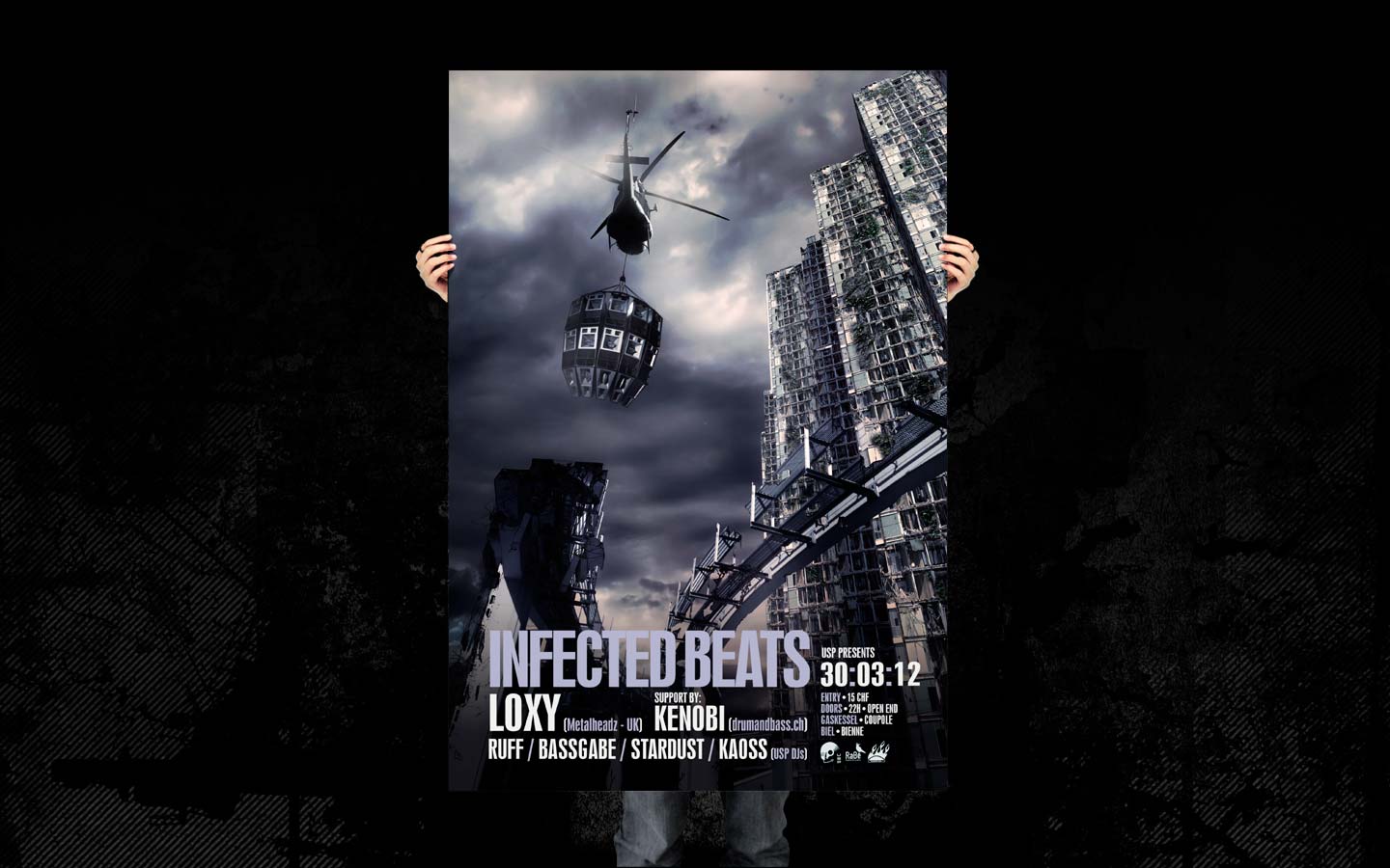 USP -Infected Beats I Poster - Laurent Lemoigne - Donanubis - Don Anubis - Graphic Design - Underground Sound Promotion - Coupole - Bienne - Art - Music - Electronic - Party - Event - Flyer - Poster - Industrial - Dark - Apocalypse - Destroy - I am a Legend - Doomsday - Alternative - Underground - Geneva - Switzerland - Drum and Bass - Dubstep - Loxy / Metalheadz - Kenobi - Ruff - Bassgabe - Stardust - Kaoss - Metal - Hard - Rock - Death - Band - Illustration