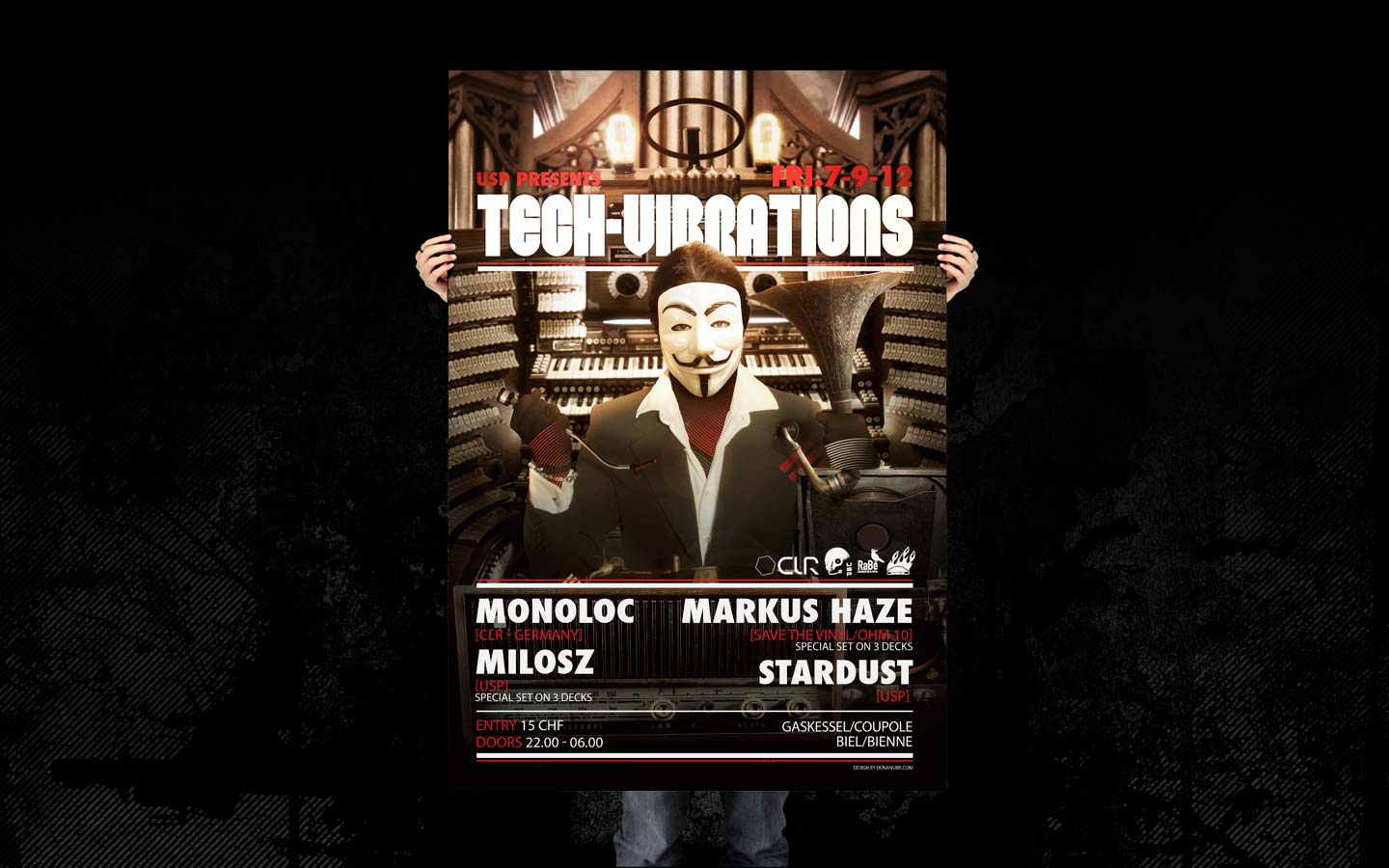 USP - Tech Vibration - Laurent Lemoigne - Donanubis - Don Anubis - Graphic Design - Underground Sound Promotion - Coupole - Bienne - Art - Music - Electronic - Party - Event - Flyer - Poster - Techno - Minimal - Electro - Alternative - Underground - Geneva - Switzerland - Monoloc / CLR - Markus Haze / Save The Vinyl / Ohm 10 - Milosz - Stardust