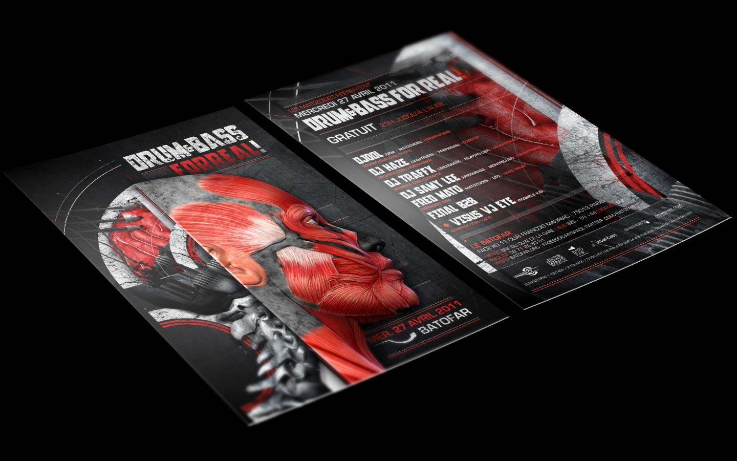 Drum And Bass For Real - Laurent Lemoigne - Donanubis - Don Anubis - Graphic Design - Flyer - Matozoides - Batofar - Paris - Art - Music - Electronic - Party - Event - Flyer - Poster - Industrial - Dark - Brain - Electric - Biomechanic - Biomechanik - Biomechanical - Flesh - Muscle - Anatomy - Bone - Backbone - Alternative - Underground - Geneva - Switzerland - Drum and Bass - d'n'b - Dubstep - Hard Drum - Djool / NSM - Dj Haze / Urbanbass - Dj Traffx / Urbanbass - Dj Samy Lee / Urbanbass - Fred Mato / Matozoides / DTC Records / 4real - Metal - Hard - Rock - Death - Band - Illustration