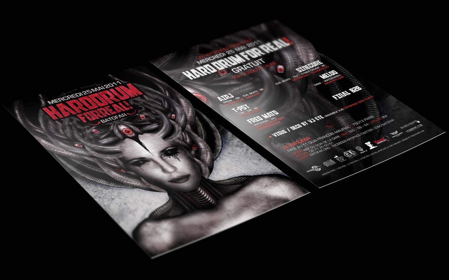 Hard Drum For Real II - Laurent Lemoigne - Donanubis - Don Anubis - Graphic Design - Flyer - Matozoides - Batofar - Paris - Art - Music - Electronic - Party - Event - Flyer - Poster - Industrial - Dark - Woman - Beautiful - Blind - Black Eyes - Pan's Labyrinth - Skin - Biomechanic - Biomechanik - Biomechanical - Biomechanoid - Giger - Alternative - Underground - Geneva - Switzerland - Drum and Bass - d'n'b - Dubstep - Darkstep - Hard Drum - Techno - AirJ / Freak / Oik / Evil Beast - Sinecore / Evil Beast / Tilt / Cyber Crunk - T-Psy / T3K / Oik - Meloo / NSM / Matozoides - Fred Mato / Matozoides / DTC Records / 4real - Metal - Hard - Rock - Death - Band - Illustration