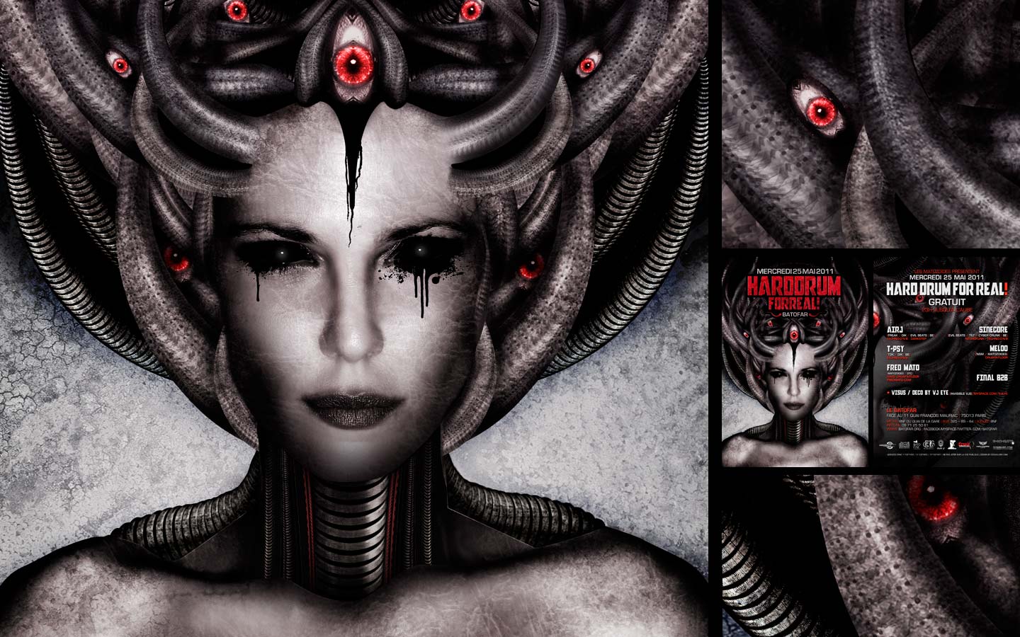 Hard Drum For Real II - Laurent Lemoigne - Donanubis - Don Anubis - Graphic Design - Flyer - Matozoides - Batofar - Paris - Art - Music - Electronic - Party - Event - Flyer - Poster - Industrial - Dark - Woman - Beautiful - Blind - Black Eyes - Pan's Labyrinth - Skin - Biomechanic - Biomechanik - Biomechanical - Biomechanoid - Giger - Alternative - Underground - Geneva - Switzerland - Drum and Bass - d'n'b - Dubstep - Darkstep - Hard Drum - Techno - AirJ / Freak / Oik / Evil Beast - Sinecore / Evil Beast / Tilt / Cyber Crunk - T-Psy / T3K / Oik - Meloo / NSM / Matozoides - Fred Mato / Matozoides / DTC Records / 4real - Metal - Hard - Rock - Death - Band - Illustration