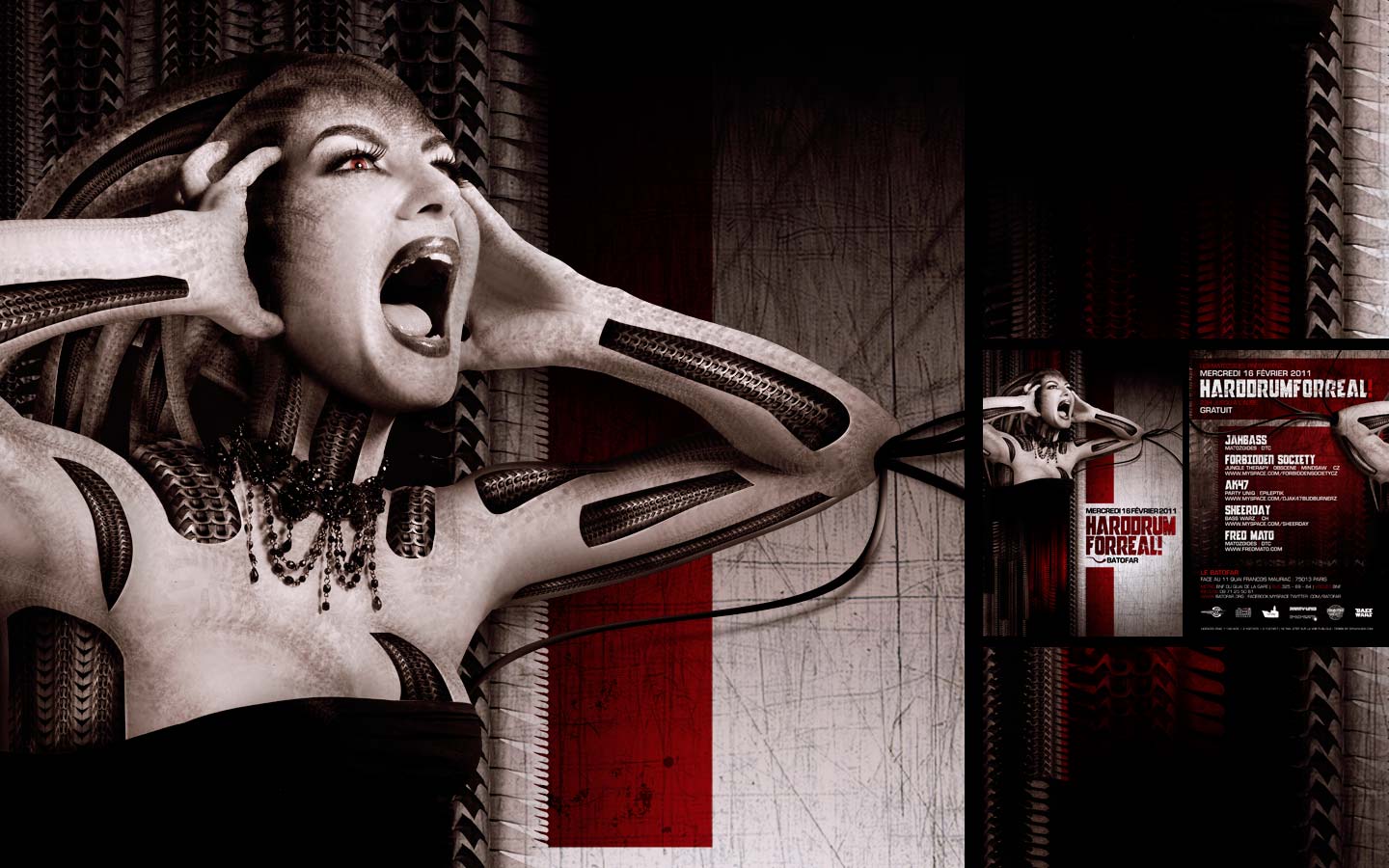 Hard Drum For Real - Laurent Lemoigne - Donanubis - Don Anubis - Graphic Design - Flyer - Matozoides - Batofar - Paris - Art - Music - Electronic - Party - Event - Flyer - Poster - Industrial - Dark - Woman - Beautiful - Scream - Alienate - Biomechanic - Biomechanik - Giger - Alternative - Underground - Geneva - Switzerland - Drum and Bass - d'n'b - Dubstep - Hard Drum - Breakcore - Forbidden Society / Jungle Therapy / Obscene / Mindsaw - Jahbass / Matozoides - AK47 / Party Uniq - Sheerday / Basswars - Fred Mato / Matozoides / DTC Records / 4real