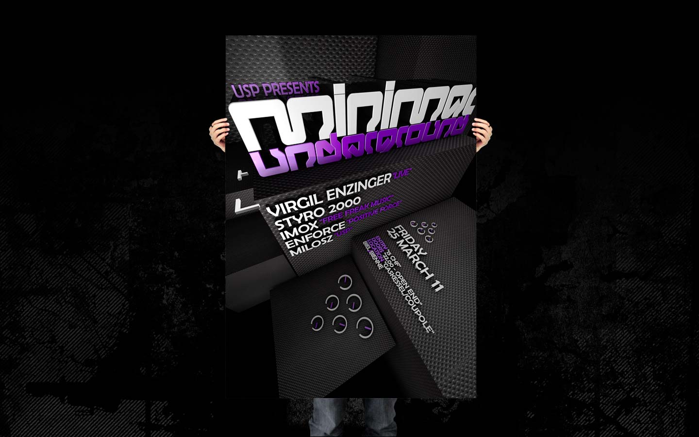 USP -Infected Drumz IV - Laurent Lemoigne - Donanubis - Don Anubis - Graphic Design - Underground Sound Promotion - Coupole - Bienne - Art - Music - Electronic - Party - Event - Flyer - Poster - Techno - Minimal - Electro - Alternative - Underground - Geneva - Switzerland - Virgil Enzinger - Styro 2000 - Imox / Feel Freak Music - Enforce / Positive Force - Milosz