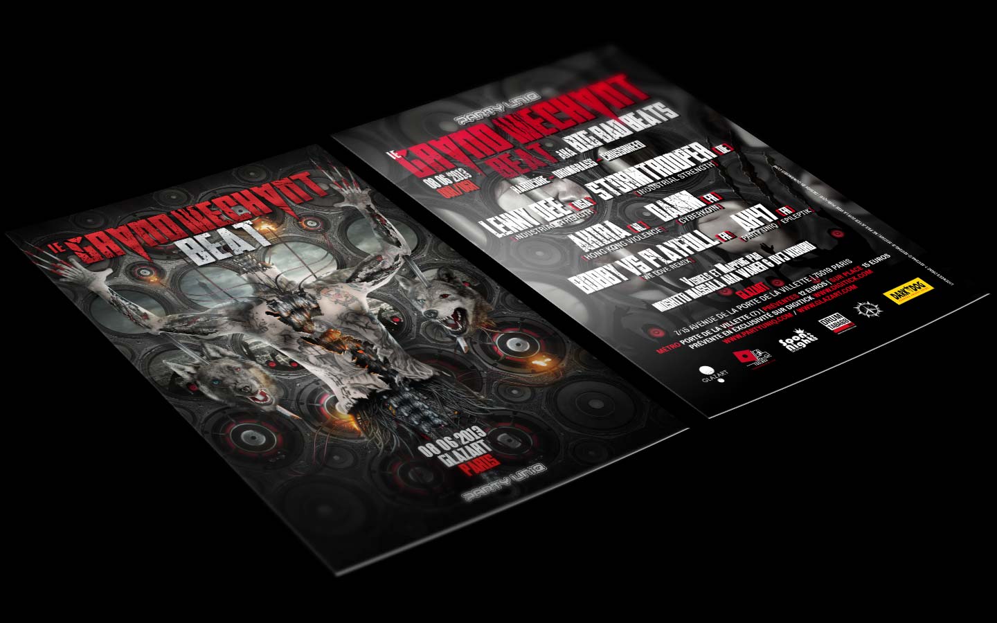 Le Grand Mechant Beat #9 - Laurent Lemoigne - Donanubis - Don Anubis - Graphic Design - Flyer - Party Uniq - Glazart - Paris - Art - Music - Electronic - Party - Event - Flyer - Poster - Biomechanic - Biomechanik - Biomechanical - Man - Machine - Factory - Giger - Industrial - Dark - Wareworf - Alternative - Underground - Geneva - Switzerland - Drum and Bass - d'n'b - Hard Drum - Hardcore - Crossbreed - Lenny Dee / Industrial Strenght - Stormtrooper / Industrial Strenght - Akira / Hong Kong Violence - Damn / Cyberkoin - Bobby Vs Playfull / We Love Remix - Ak47 / Party Uniq
