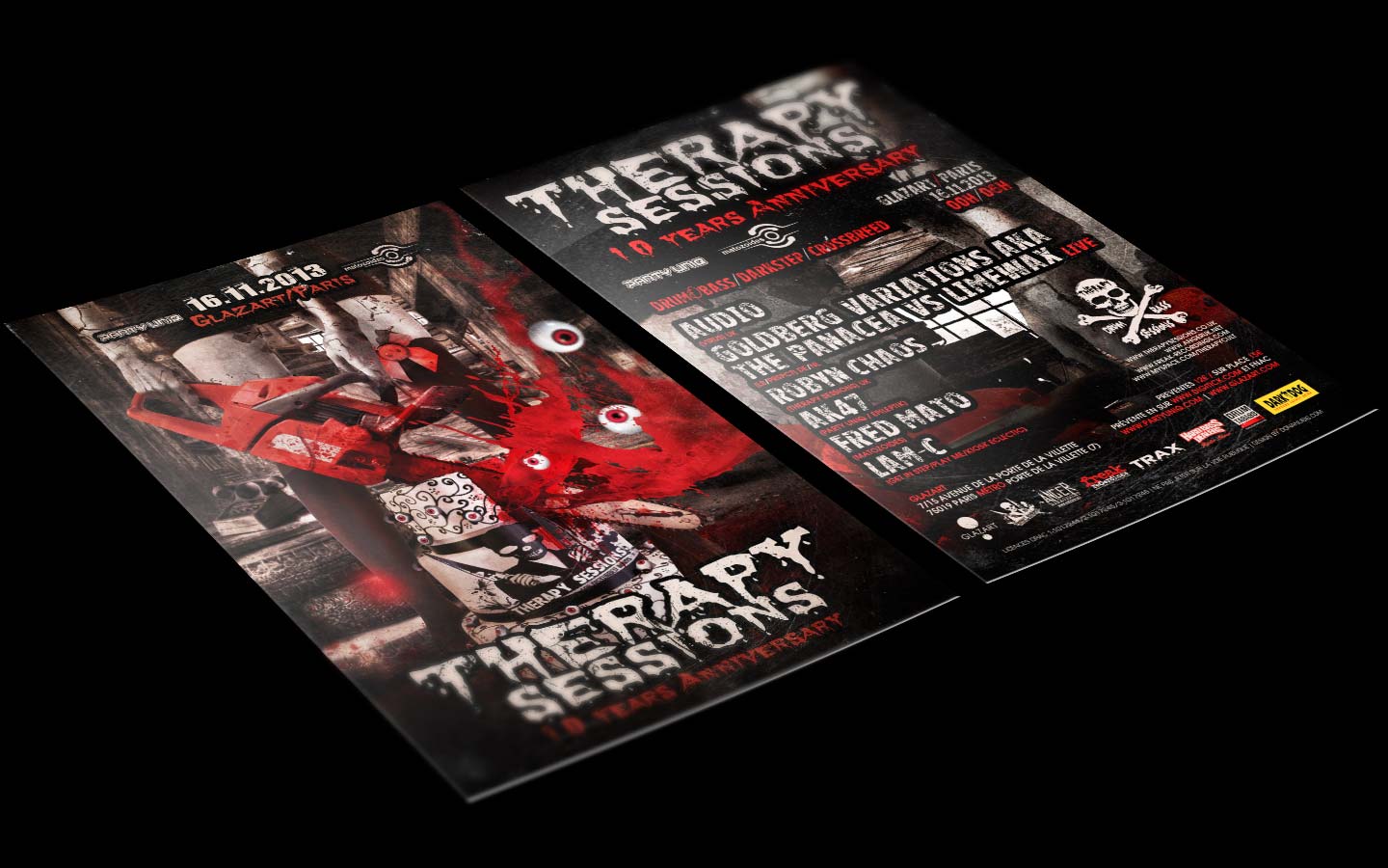 Therapy Sessions - 10 Years Anniversary - France - Laurent Lemoigne - Donanubis - Don Anubis - Digital Art - Graphic Design - Flyer - Matozoides - Party Uniq - Anger Management - Freak Recordings - Glazart - Paris - BT59 Begles - Art - Music - Electronic - Party - Event - Flyer - Poster - Industrial - Dark - Skull - Consanguinity - Wrong Turn - Chainsaw Massacre - Freak - Family - Skin - Flesh - Psychatric - Psychotic - Canibal - Alternative - Underground - Geneva - Switzerland - Drum and Bass - d'n'b - Hard Drum - Hardcore - Crossbreed - Legs - Fetish - Zombie - Blood - Cake - Eyeball - AUDIO - UK 7 / Virus, Hardware, Freak - GOLDBERG VARIATIONS aka THE PANACEA & LIMEWAX - DE/NL / LB, Position Chrome, Prspct - ROBYN CHAOS - UK / Freak, Metalheadz, Counterstrike, Therapy Sessions - AK47 - FR / Party Uniq - Epileptik - FRED MATO - FR / Matozoïdes - LAM-C - FR / Get in Step