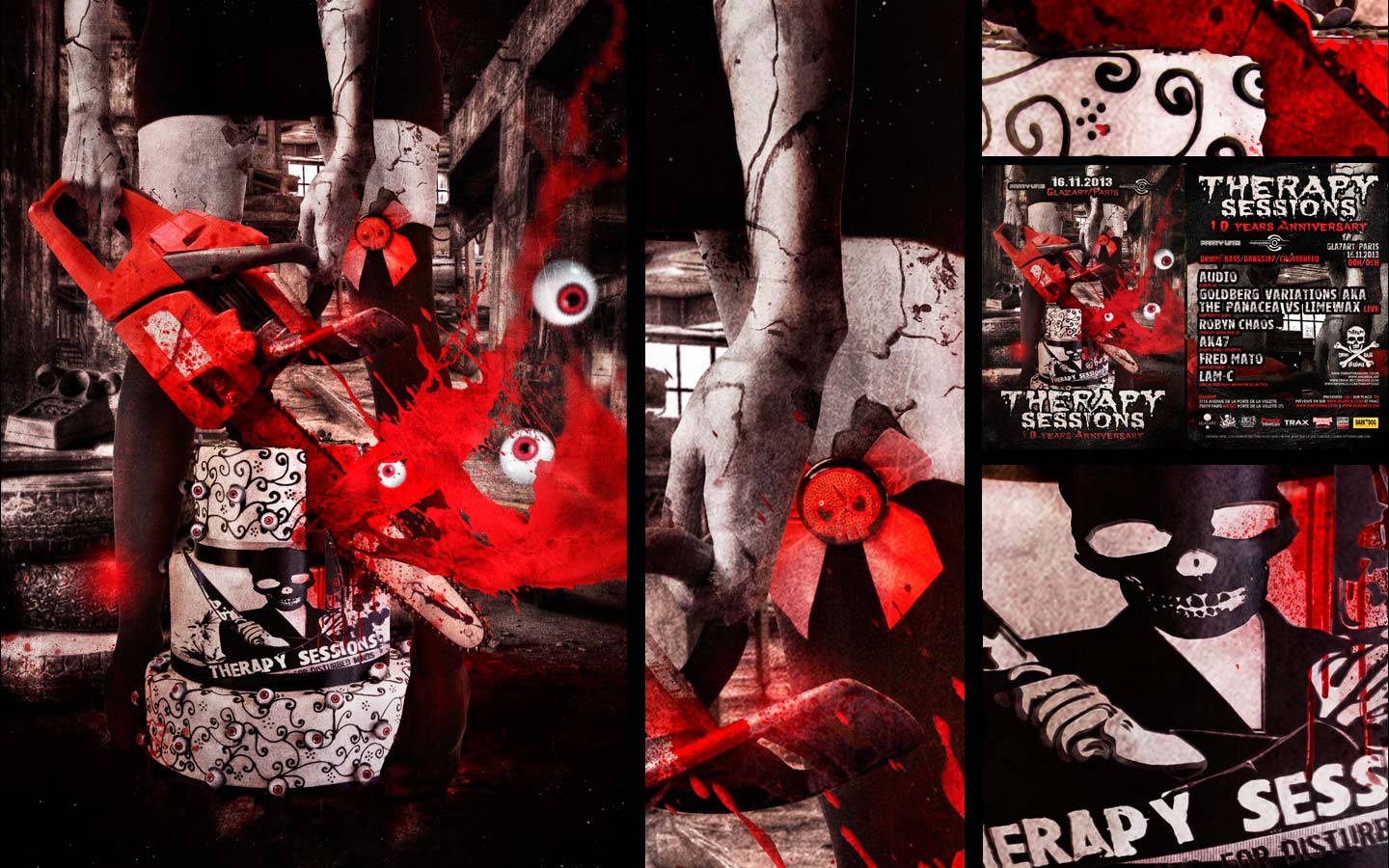Therapy Sessions - 10 Years Anniversary - France - Laurent Lemoigne - Donanubis - Don Anubis - Digital Art - Graphic Design - Flyer - Matozoides - Party Uniq - Anger Management - Freak Recordings - Glazart - Paris - BT59 Begles - Art - Music - Electronic - Party - Event - Flyer - Poster - Industrial - Dark - Skull - Consanguinity - Wrong Turn - Chainsaw Massacre - Freak - Family - Skin - Flesh - Psychatric - Psychotic - Canibal - Alternative - Underground - Geneva - Switzerland - Drum and Bass - d'n'b - Hard Drum - Hardcore - Crossbreed - Legs - Fetish - Zombie - Blood - Cake - Eyeball - AUDIO - UK 7 / Virus, Hardware, Freak - GOLDBERG VARIATIONS aka THE PANACEA & LIMEWAX - DE/NL / LB, Position Chrome, Prspct - ROBYN CHAOS - UK / Freak, Metalheadz, Counterstrike, Therapy Sessions - AK47 - FR / Party Uniq - Epileptik - FRED MATO - FR / Matozoïdes - LAM-C - FR / Get in Step