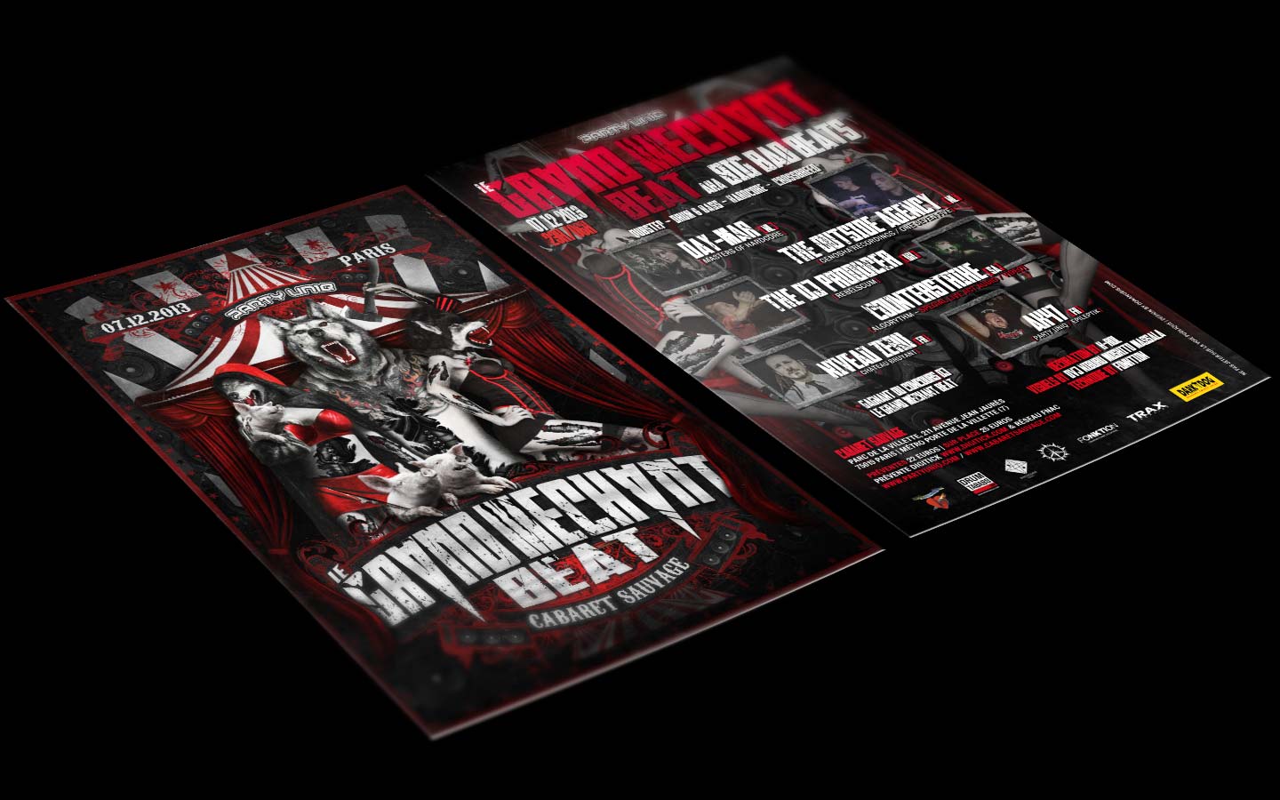 Le Grand Mechant Beat #10 - 2 Years Anniversary - Laurent Lemoigne - Donanubis - Don Anubis - Graphic Design - Flyer - Party Uniq - Cabaret Sauvage - Paris - Art - Music - Electronic - Party - Event - Flyer - Poster - Biomechanic - Biomechanik - Biomechanical - Man - Machine - Factory - Giger - Industrial - Dark - Wareworf - Woman - Sexy - Fetish - Axe - Pigs - Circus - Alternative - Underground - Geneva - Switzerland - Drum and Bass - d'n'b - Hard Drum - Hardcore - Crossbreed - Day-Mar / Master of Hardcore - The Outside Agency / Genosha Recordings / One Seven Five - The Dj Producer / Rebelscum - Counterstrike / Algorythm - Niveau Zero / Chateau Bruyant - Ak47 / Party Uniq / Epileptik